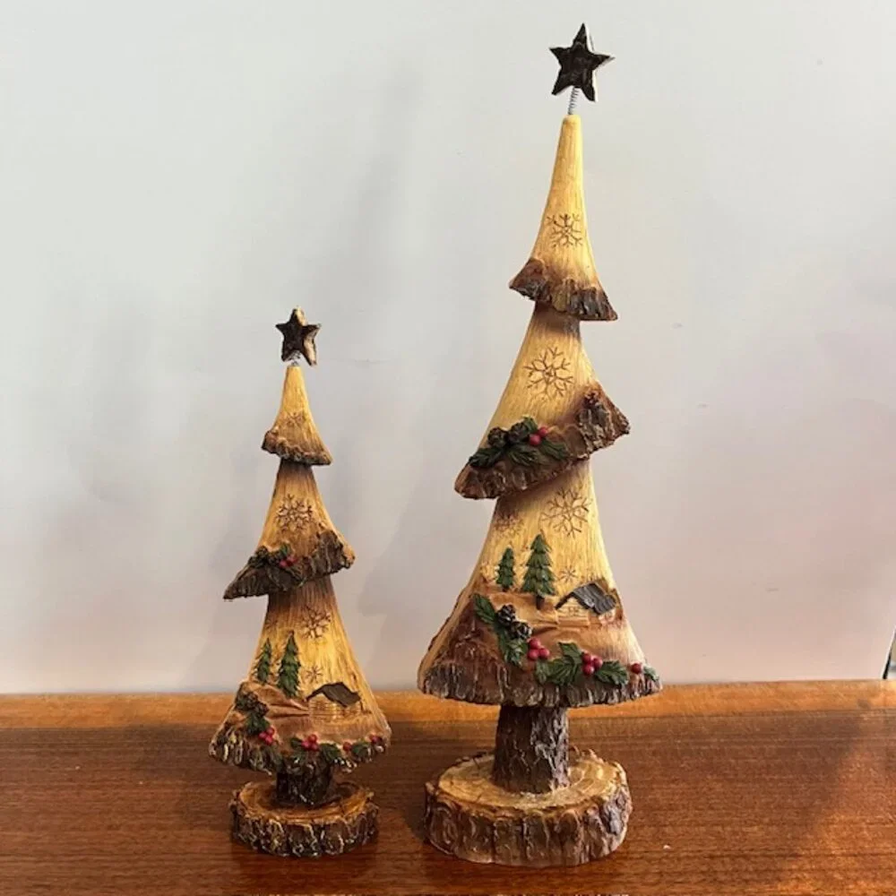 Pair of Resin Wood Look Rustic Carved Trees with Trees Snowflakes Cabin Holly
